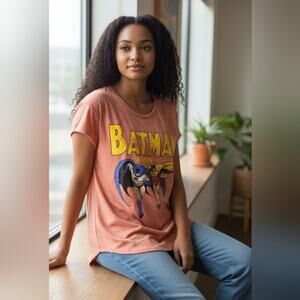 Vintage Batman Robin Pajama Lounge Sleepwear Long Shirt Mini Women's Sz S Pink